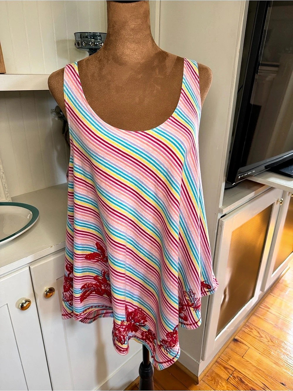 Johnny Was Striped Embroidered Tank Top White & Pink Small